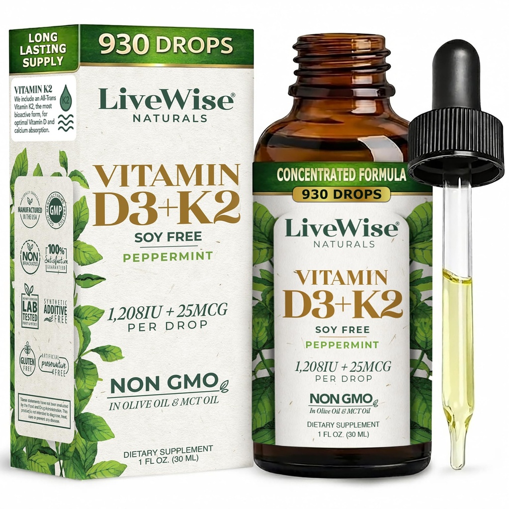 LiveWise Naturals D3-vitamiin K2 vedelate tilkadega, kõik looduslikud, mitte-GMO, USA valmistatud, 1208 IU D3-vitamiini ja 25 mcg K2, toetab luude tervise ja energia taset, infundeeritud piparmündi, oliivi ja MCT õliga