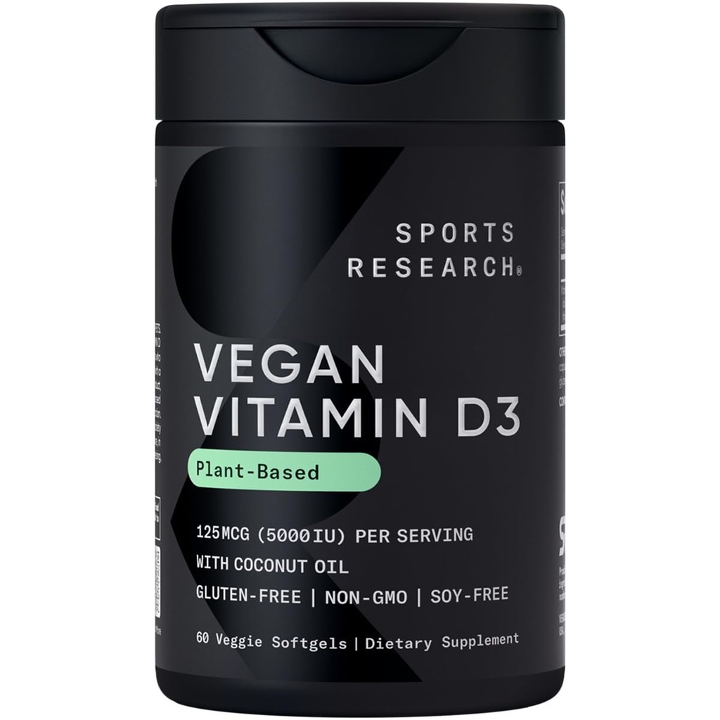 Spordiuuringud Vegan Vitamiin D3 5000IU (125 mcg) kookosõliga | 100% taimepõhine D-vitamiin luudele, liigestele ja immuunsusele | Karrageen Free, Vegan Certified & Non-GMO Kontrollitud (60 Softgels)