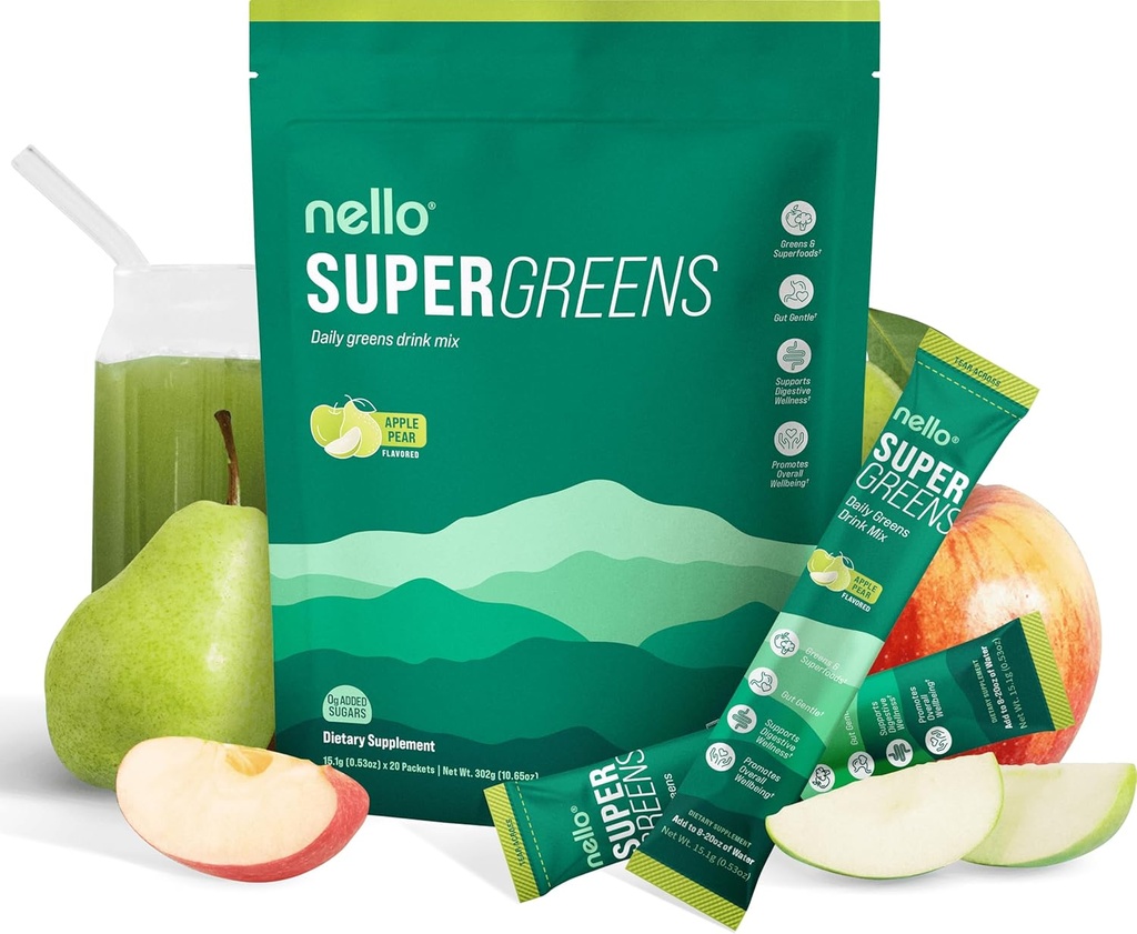 Nello Supergreens Superfood Drink Sega Chlorella, Moringa, Spinachi, Broccoli, Seedeensüümide ja Probiootikumidega - Apple Pear Flavor, 20 Servings, Travel Pack
