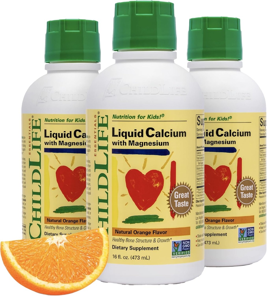 ChildLife Essentials Vedel Kaltsiumilisand lastele - Beebikaltsium magneesiumi, tsingi ja D3-vitamiiniga - oranž maitse, 16 fl oz (3 Pack)