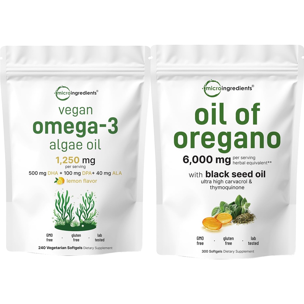 Mikrokoostisosad Oregano Softgels 300 Count & Vegan Omega 3 vetikate õlilisand Bundle 2 Pack | Carvacrol & Thymoquinone | Full Spectrum Omega-3 Alternatiivne