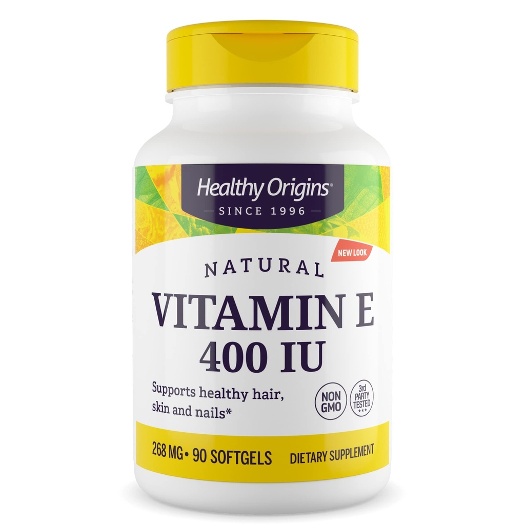 Tervislik päritolu Vitamiin E 400 RÜ (looduslik, mitte-GMO, gluteenivaba, naha tugi, südame-veresoonkonna tugi), 90 Softgels
