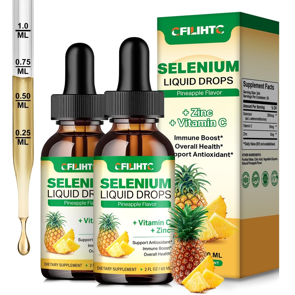 2 Pack Selenium Vedel tilgad, 200mcg Vedel Seleenilisandit C-vitamiini ja tsink, immuunsüsteemi toetamine, antioksüdant ja südame tervis, kõrge imendumine, ananassimaitse