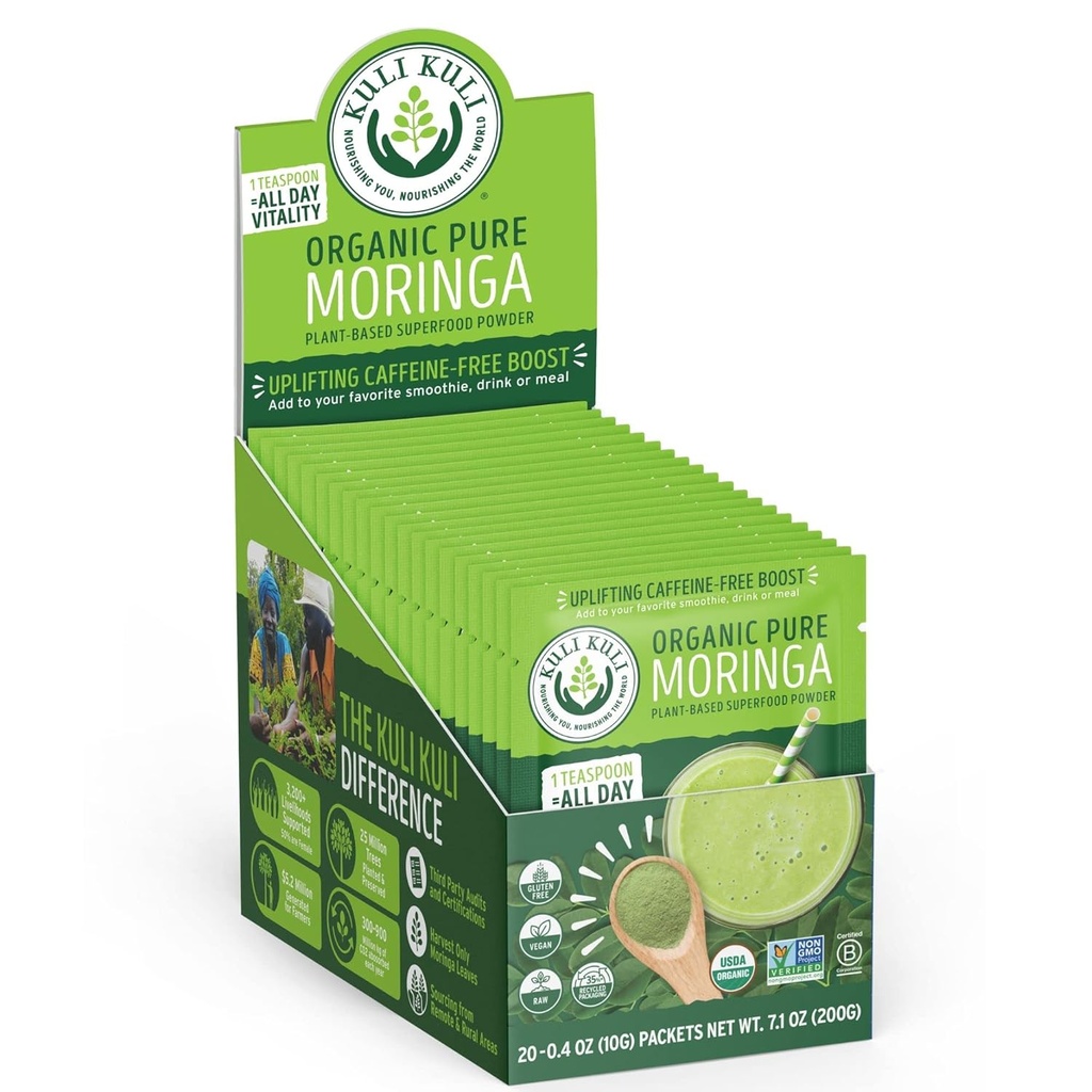Kuli Kuli Moringa Oleifera Organic Leaf Powder & Green Smoothie, 100% Pure USDA Certified & Non-GMO Moringa Pulber, Great koos smuutide, tee ja toiduga, 0,4 Ounce, Pack of 20 (KK PM)