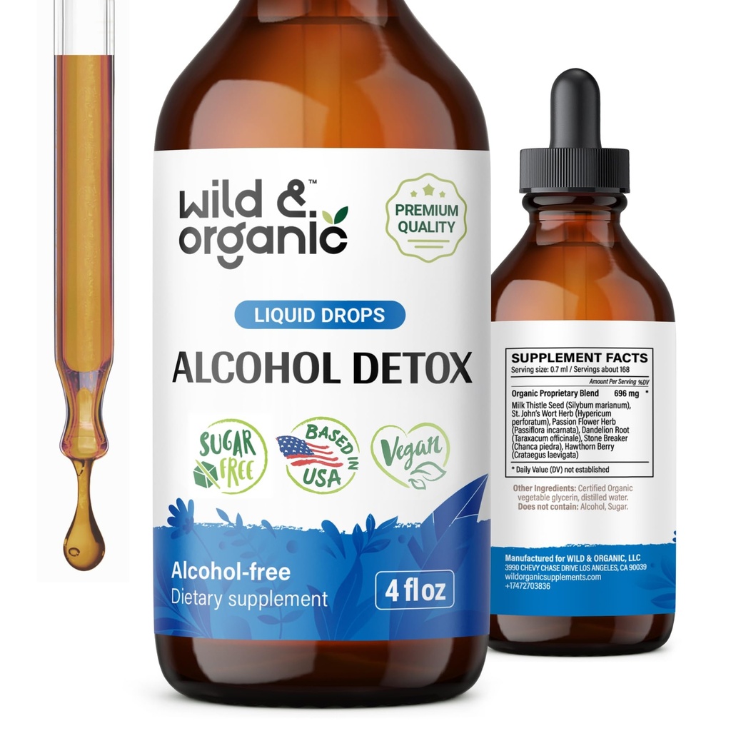 Wild & Organic Alcohol Detox tilgad - Maks & Neeru Puhasta piimaohakaga, Chanca Piedra Kivimurdja - Anti-Alkoholi kompleks maksa puhastamiseks Detox - Vegan, No Sugar & Additives - 4 fl oz