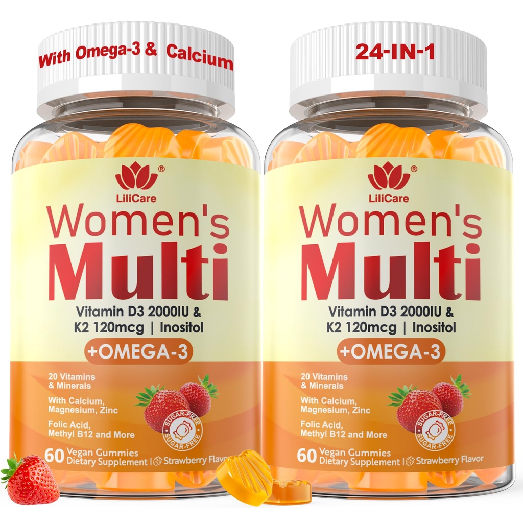 Naised Multivitamiin Kummi Omega 3 (DHA/EPA), Vitamiin D3 K2, Kaltsium, Inositool, Igapäevased Naised Vitamiin A C E B Kompleks, L-metüülFolaat, Metüül B12, Suhkru Vabad Metüülitud Multivitamiinid Mineraalid, 120Ct