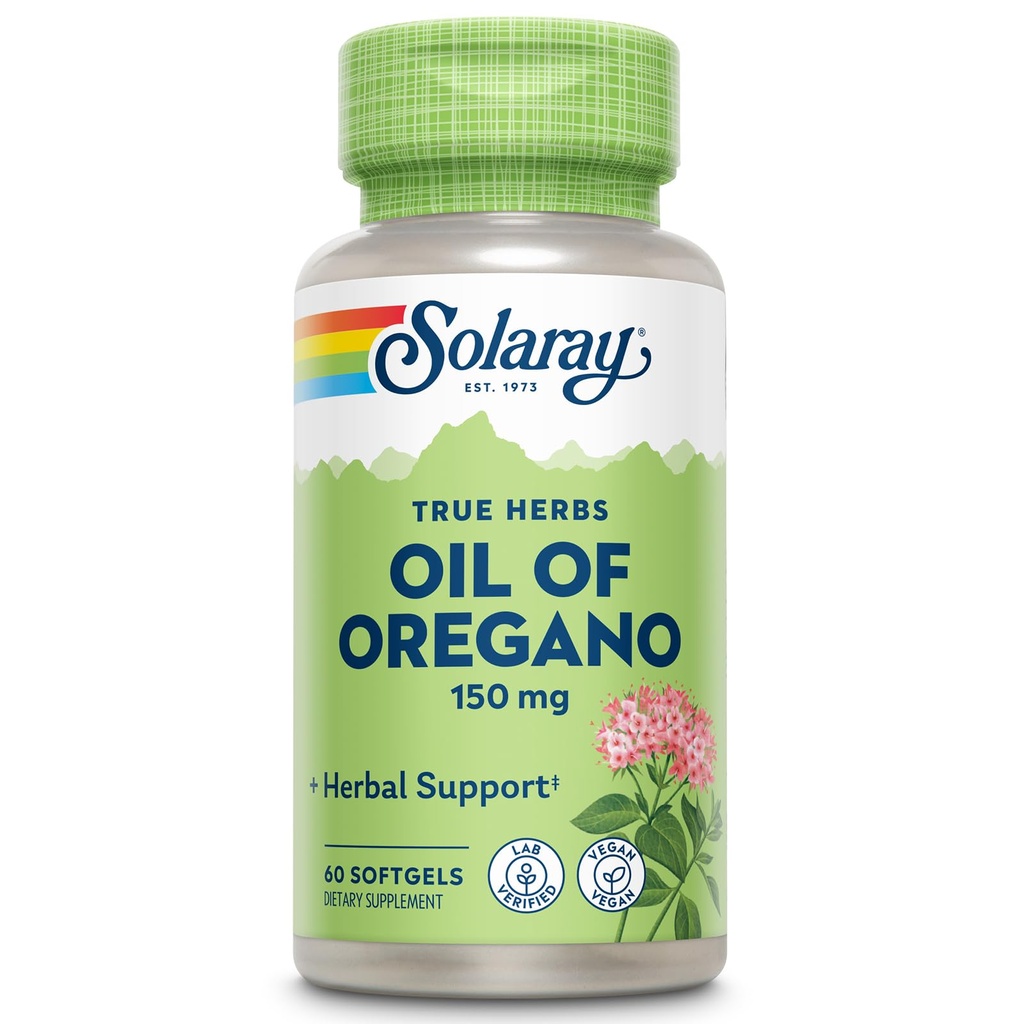SOLARAY Oil of Oregano Softgels 150 mg - Oregano Oil Supplement for Powerful Wellness Support - õrn seedimine - Extra Virgin Olive Oil Base - Vegan, 60-päevane garantii - 60 Servings, 60 Softgels