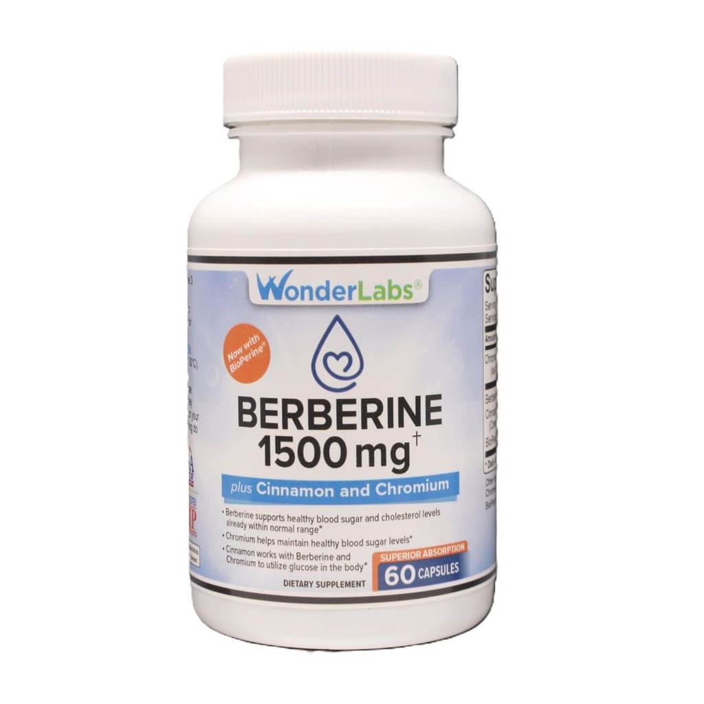 Wonder Laboratories Berberine HCL 1500mg + kaneel, kroom, ja bioperiin hooldus Glükoosi, südame ja immuunsüsteemi Tervis Gluteen & GMO Free - 60 kapslit