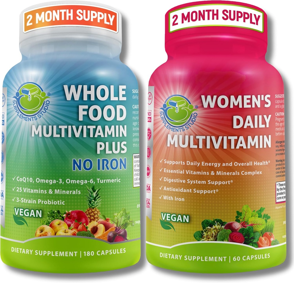 SUPPLEMENTS STUDIO Põhjalik naiste multisüsteemne tugiduo - täistoidu multivitamiin ilma rauata + naiste igapäevane multivitamiin rauaga - vegan, mitte-GMO, puhas igapäevane tervisetoetus