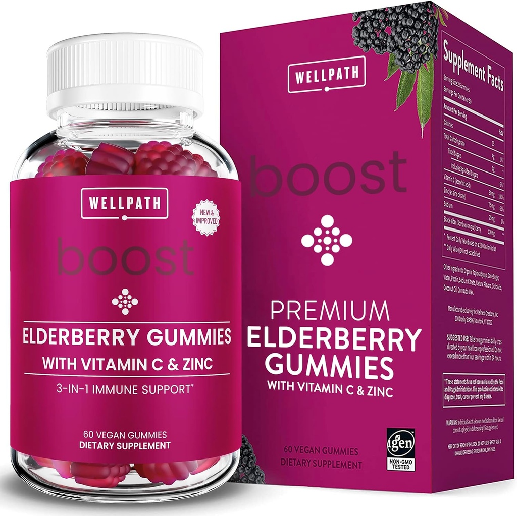 WellPath Boost Elderberry Gummies koos Tsink & Vitamiin C | Immune Support Supplement täiskasvanutele | Immunity Booster Vitamiinid | Sambucol Black Gummy | Non-GMO & Vegan, 60 Ct