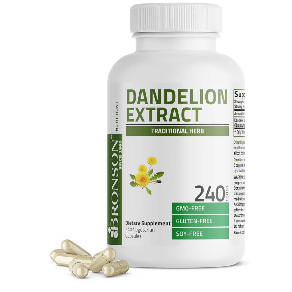 Bronson Dandelion Root High Potency Supplement, toetab üldist head tervist ja heaolu, traditsiooniline diureetiline maitsetaim - mitte-GMO, 240 taimetoitlast kapslit