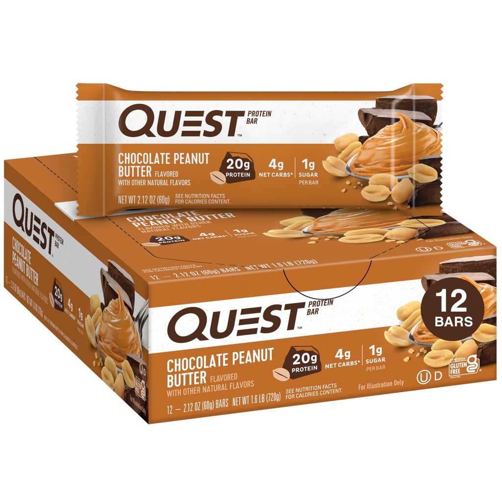 Quest Nutrition Chocolate Maapähklivõi baarid, 20 g valku, 1 g suhkrut, 4 g Net Carb, Gluteenivaba, Keto sõbralik, 12 krahv