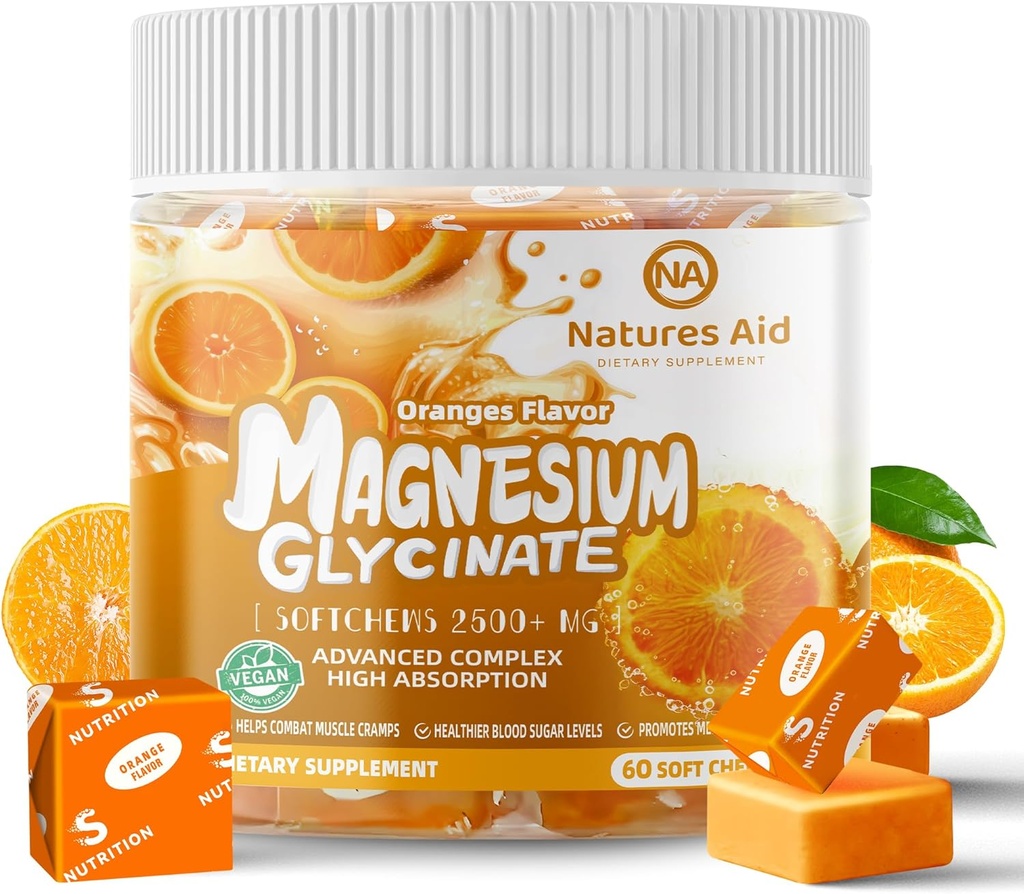 Magneesium Glütsinaat Pehme närimiskoogid Täiendus, Näritavad Suhkruvabad Kaalium Magneesium Chews Magneesium Glütsinaat, Vitamiin D, B6 ja CoQ10 Calm Support & Sleep täiskasvanutele, 60 päeva Pakkumine-Orange
