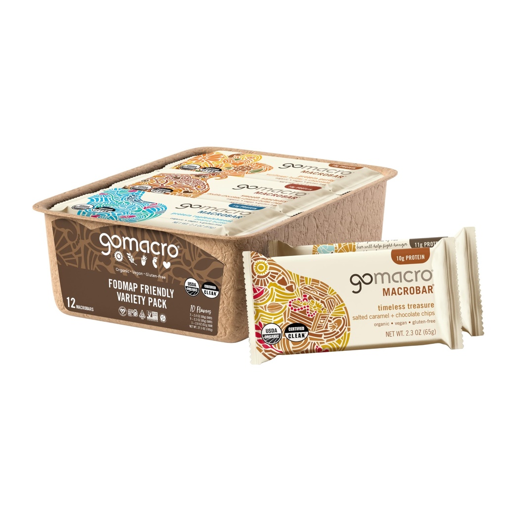 GoMacro MacroBar Organic Vegan Protein Bars - FODMAP Friendly Variety Pack (2,0-2.3 Ounce Bars, 12 Count)