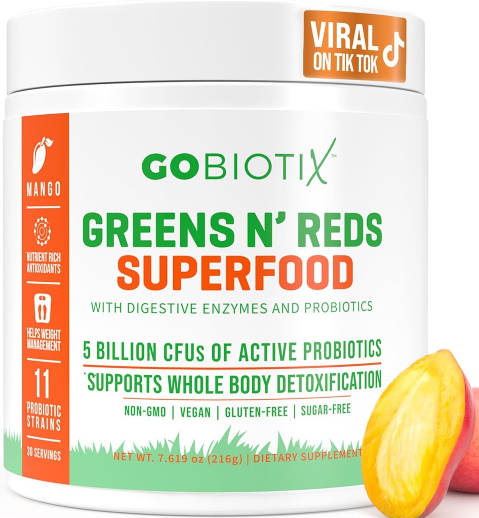 GOBIOTIX Super Greens and Reds Powder - Red and Green Superfood - Probiotic Supplement - Digestive Enzymes and Beet Root Powder - Organic Whole Foods Dietary Supplement (Mango, 1 Pack)