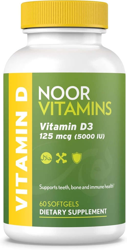 Noored vitamiinid Halal Vitamiin D, Halal Vitamiin D3, 5000 IU Softgels, Toetab Luu, Immune & Heart Health, Saflooriõli maksimeerida imendumist, Non-GMO, Gluteenivaba & Halal (60 Count)