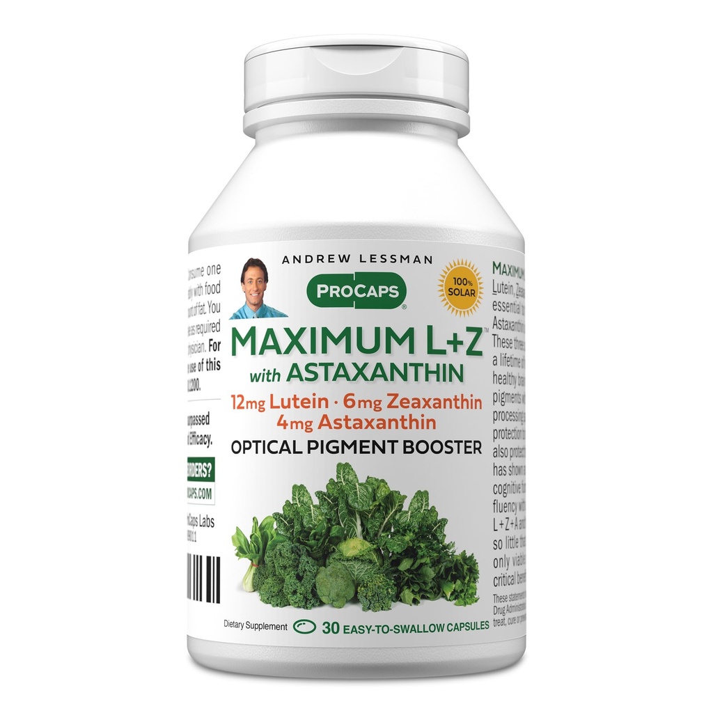 ANDREW LESSMAN Maksimaalne L + Z astaksantiiniga 30 Softgels - 12 mg luteiini, 6 mg Zeaksantiini, 4 mg astaksantiiniga. Peamised toitained silmade ja aju tervise toetamiseks ning tervisliku nägemise edendamiseks.