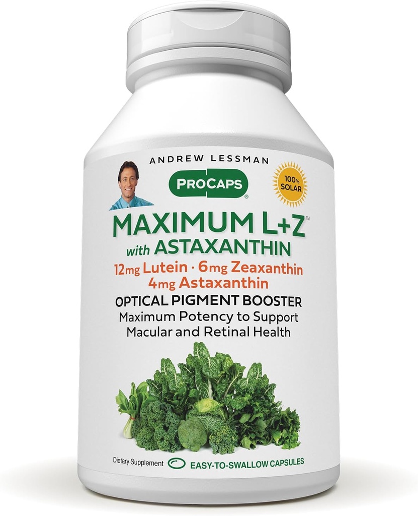 ANDREW LESSMAN Maksimaalne L + Z astaksantiiniga 30 Softgels - 12 mg luteiini, 6 mg Zeaksantiini, 4 mg astaksantiiniga. Peamised toitained silmade ja aju tervise toetamiseks ning tervisliku nägemise edendamiseks.