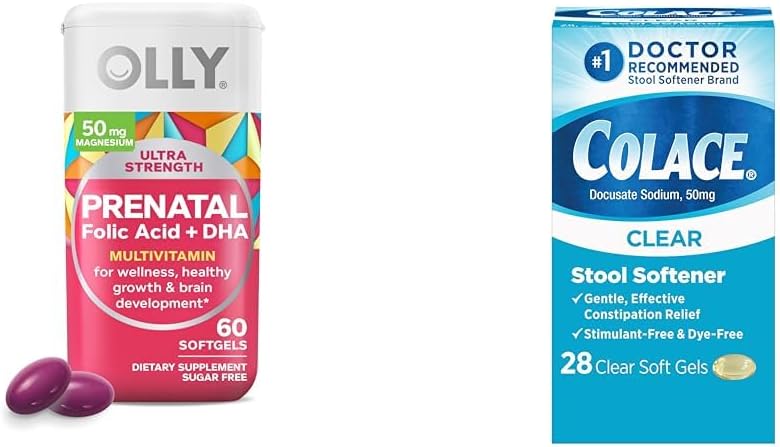OLLY Ultra Tugevus Prenataalsed Multivitamiinid Softgels Aju Arengu Toetus + Colace Clear Stool Softener Kapslid, 28 Count