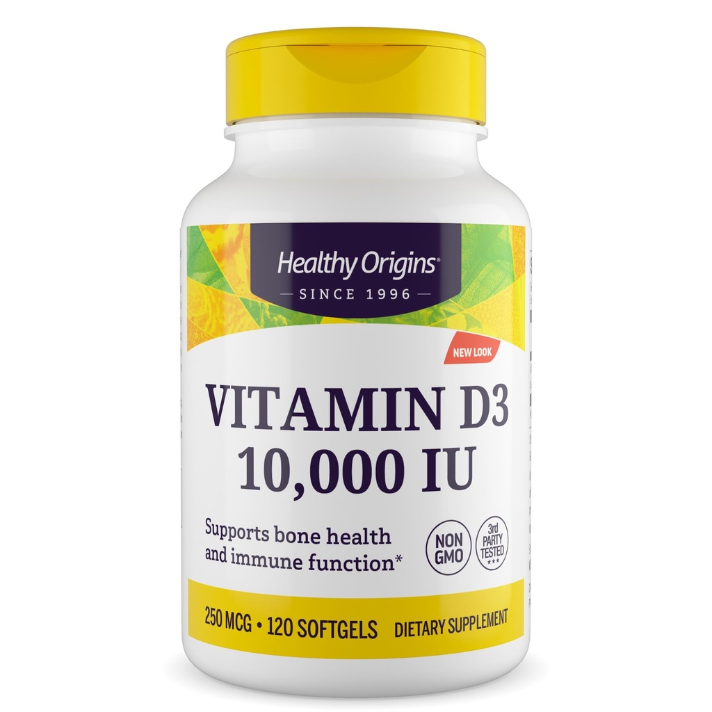 Tervislik päritolu D3-vitamiin 10 000 RÜ (GMO-väline, kõrge potentsi, luude tugi, immuuntoetus, gluteenivaba), 120 Softgels