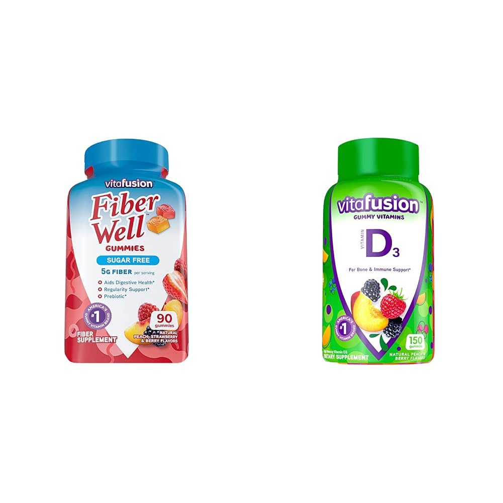 Vitafusion Fiber Well Sugar Free Fiber Supplement & Vitamiin D3 Gummy vitamiinid luu ja immuunsüsteemi tugi, virsik, murakas ja maasikamaitseline, 50 mcg D-vitamiini, 75 päeva pakkumine, 150 Count