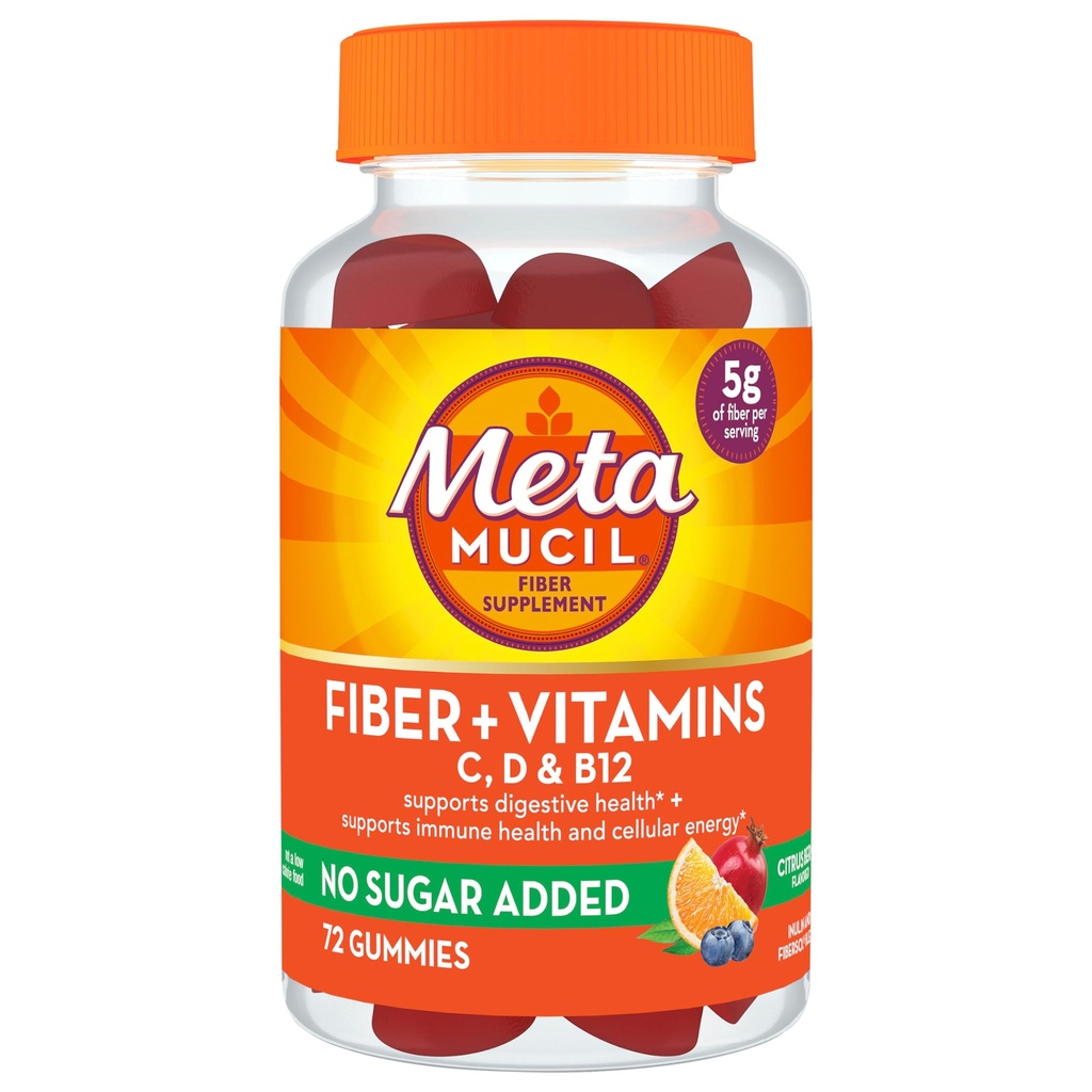 Metamucil Fiber Suplement 72 Gummies, Fiber + Vitamiinid C, D & B12 ei ole lisatud suhkrut, Toetage Seedetrakti Healt + Toetage Immuuntervise, tsitrusmarjamaitse.