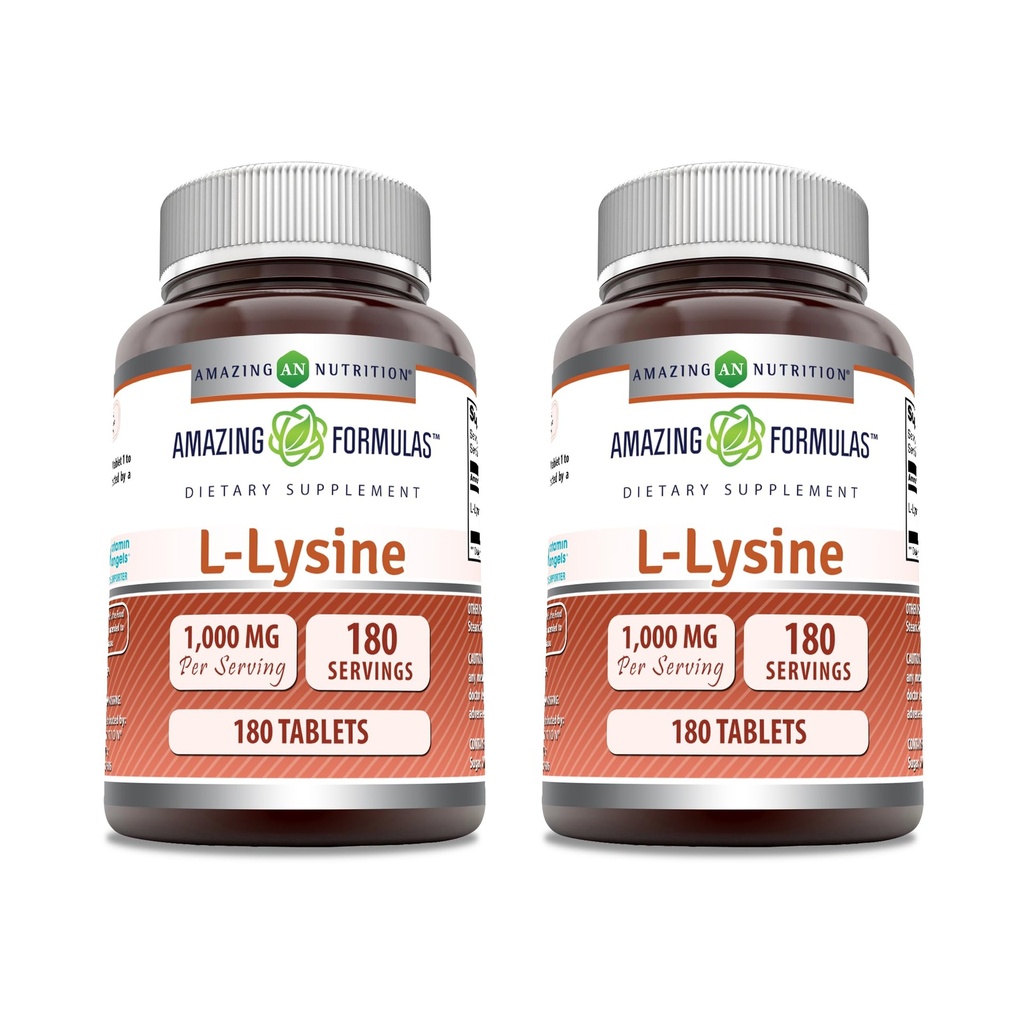 Amazing valemid L-Lysine 1000mg Aminohappe tablette täiendada | Non-GMO | Gluteenivaba | Valmistatud USAs (180 | 2 Pack)