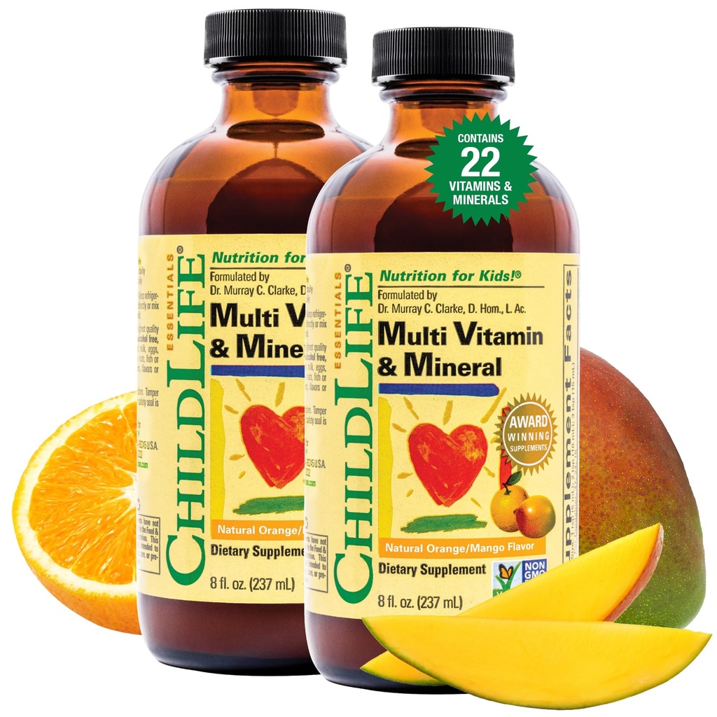 CHILDLIFE Essentials Kids Multivitamiinid ja mineraalid - vitamiinid lastele, vedelad multivitamiinid väikelastele ja beebidele - looduslik apelsin & Mango, 8 Fl Oz (pakk 2)