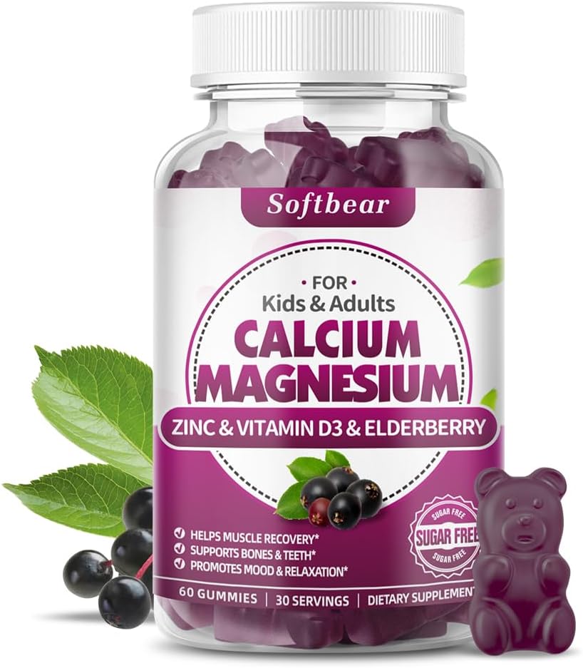 pehmekaru Kaltsium Magneesium Tsink Gummies naistele, kõrge imendumine Kaltsium Magneesium Lisa luu tugevus, Suhkruvaba, Vegan, Elderberry Maitse 60 Gummies