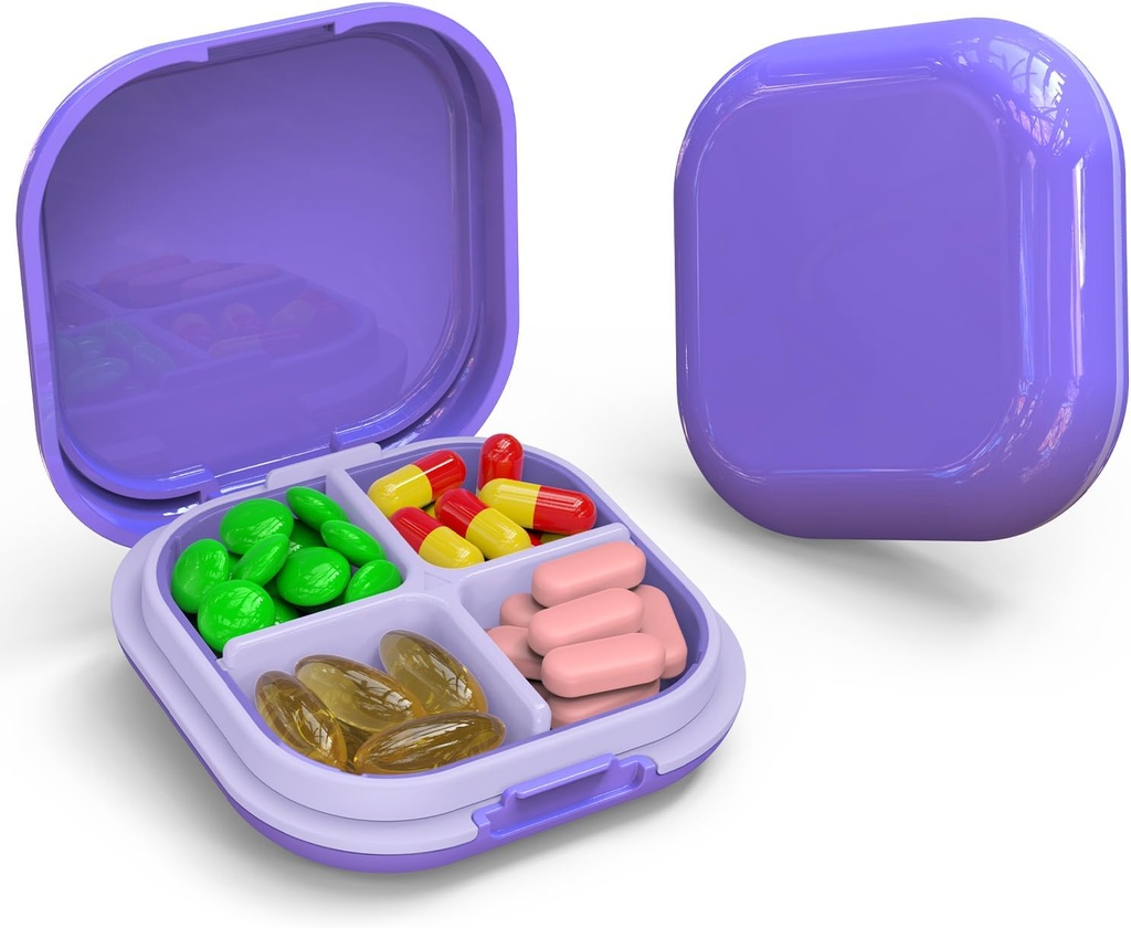 Daily Pill Organizer 4 koosseisud, Väike Pill Box Portable Travel Pill Case, Mini Pill Konteiner Purse Tasku, Compact Travel Medicine Korraldaja Vitamiin, Cod Maksaõli, täiendus (Purple)