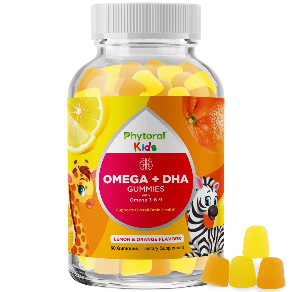 Lapsed Omega ja DHA Gummies - Rasvhapped Omega 3 6 9 koos C-vitamiini nägemiseks - Toitumine DHA lastele tervisliku närvisüsteemi ja fookuse tugi - Kala vaba - 60 loend