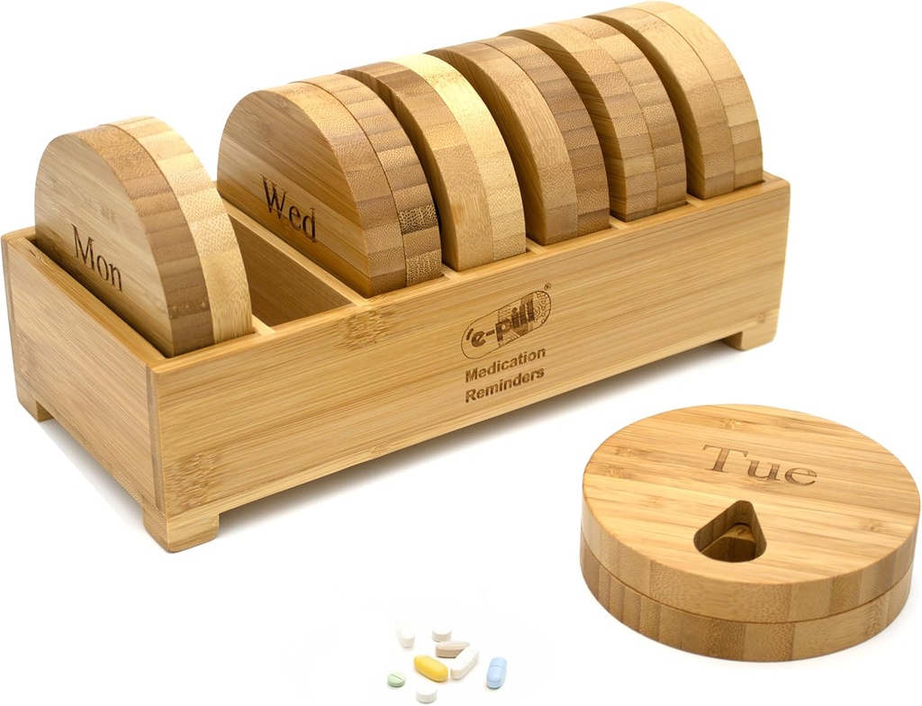 e-Pill Bamboo iganädalane pillide korraldaja, 7-päevane pillide karp tablettide, vitamiinide või toidulisandite jaoks