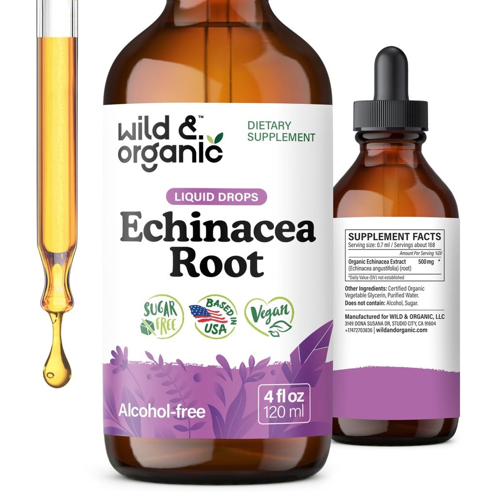 Wild & Organic Echinacea tilgad - Immune Support Supplement koos Echinacea Angustifolia - Vedel juure ekstrakti tinktuur - Vegan, suhkur ja alkoholivaba - 4 fl oz
