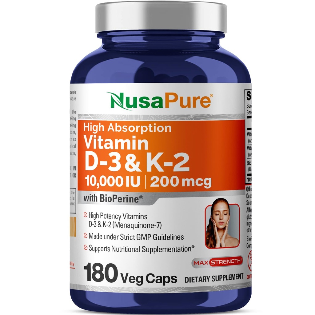 NusaPure Vitamiin K2 (MK7) (200mcg) + Vitamiin D3 (10000 IU) 180 Veg Caps - Bioperiin, Sojavaba, Non-GMO