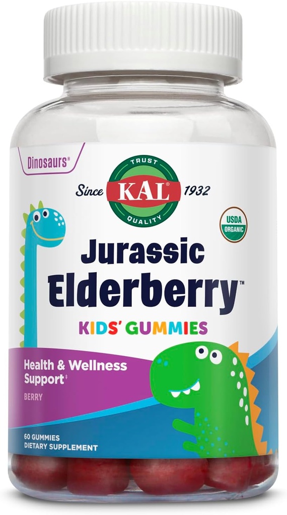 KAL Jurassic Elderberry Kids Gummies | Health Immune Support | USDA Organic, Vegan, Gluteenivaba | 30 Serv, 60 Ct