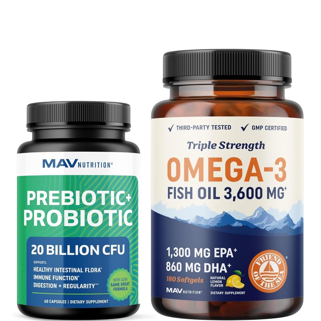 Omega 3 kalaõli ja probiootilised kapslid | Triple Strength EPA & DHA Omega 3 Burpless Softgels Plus probiootilised ja prebiootilised kapslid soolestiku tervise ja immuunsuse toetamiseks | 60 serveerimist iga