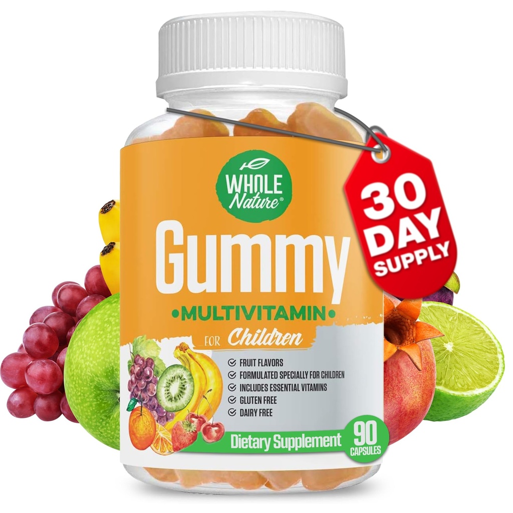 Kids Gummy Multivitamiinid - Täielik igapäevane hädavajalik lastele vitamiinid ja mineraalid üldiseks heaoluks, 90 Gummies. Puuviljamaitse, ei kunstlikku suhkrut, piima- ja gluteenivaba