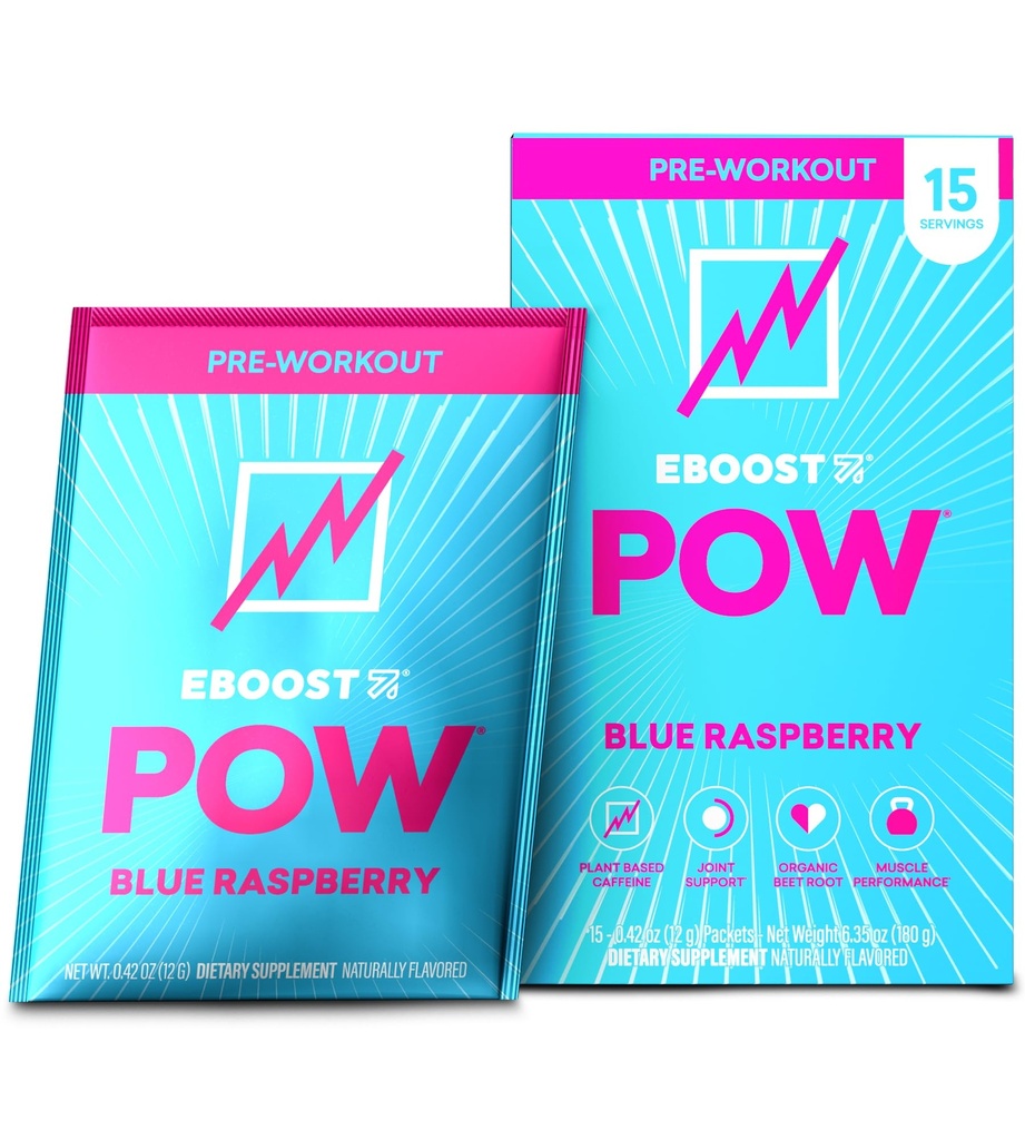 EBOOST POW Natural Pre Workout Powder - 15 paketti, Blue Vaarika - Preworkout Energy Booster Gym Supplement Joogisegu meestele ja naistele - Performance, ühine liikuvustoetus - Gluteenivaba