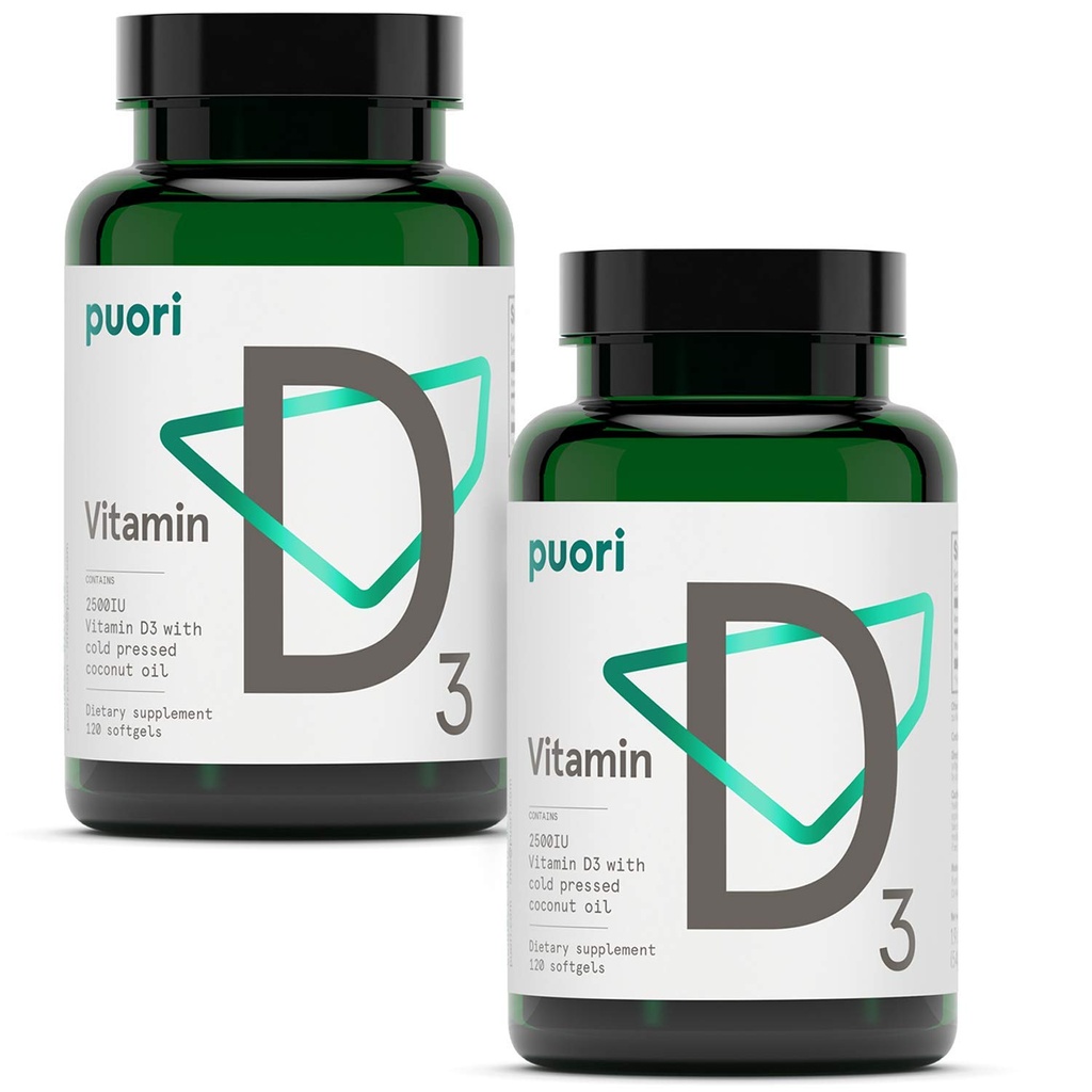 Puori Vitamiin D3 Softgels, 2500 IU (62,5 mcg) - Kiire neelavad D3-vitamiini toidulisandid immuunsüsteemi toetamiseks, luude tervis ja tihedus ning tervislikud lihasfunktsioonid - mitte-GMO ja gluteenivaba - 240 loend