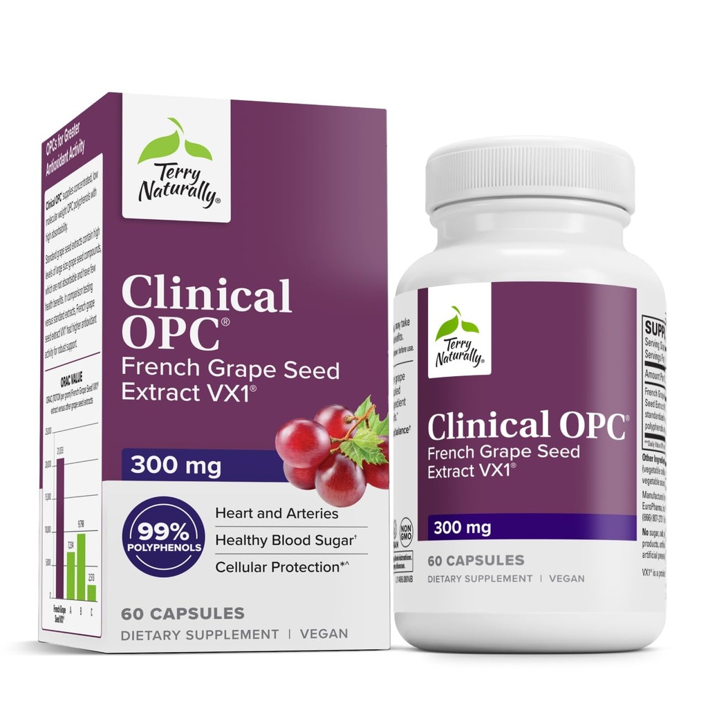 Terry Naturally Clinical OPC - Cardiovascular Health & Focus Support Supplement - Toidulisandi Viinamarjaseemne ekstrakti ja päevalille letsitiini - Immuunsüsteemi tugilisa - 300 mg, 60 Softgels