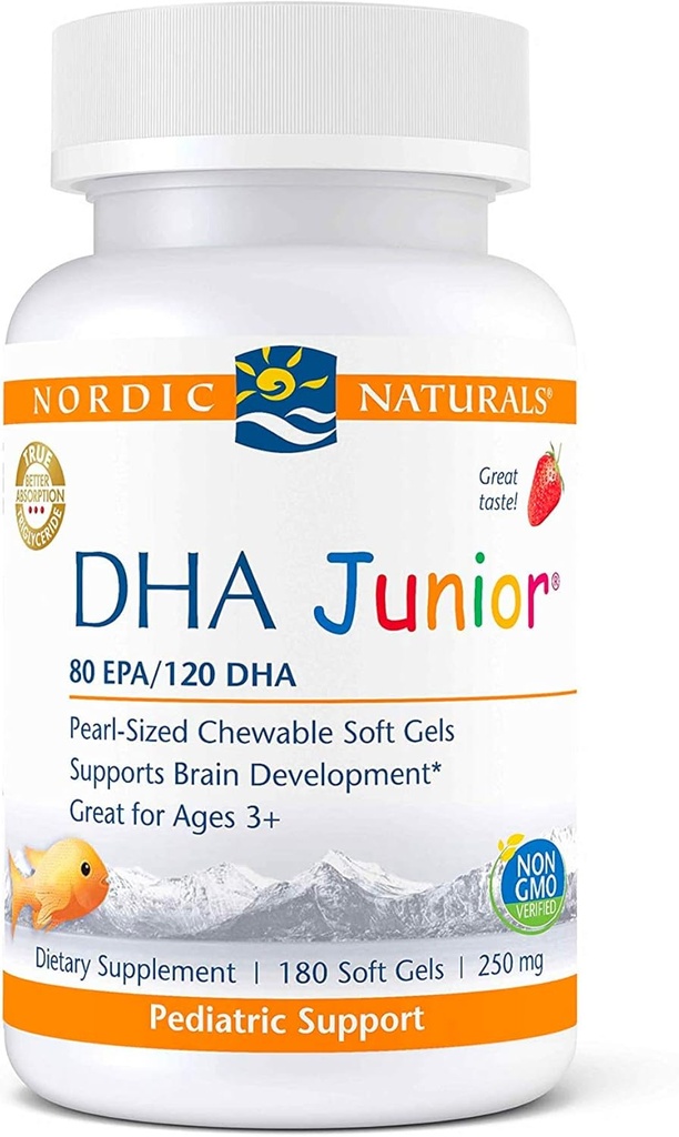Nordic Naturals Pro DHA Junior, Maasikas - 180 Mini närimist pehme geel - 250 mg kokku Omega-3s EPA & DHA - Aju areng ja visuaalne funktsioon - Non-GMO - 45 Servings