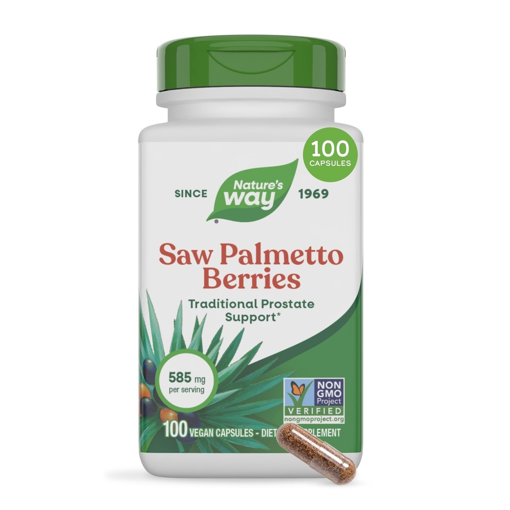 Nature's Way Saw Palmetto marjad, traditsiooniline eesnäärme tugi *, 585 mg portsjoni kohta, mitte-GMO projekt kontrollitud, vegan, 100 kapslit (pakendamine võib varieeruda)