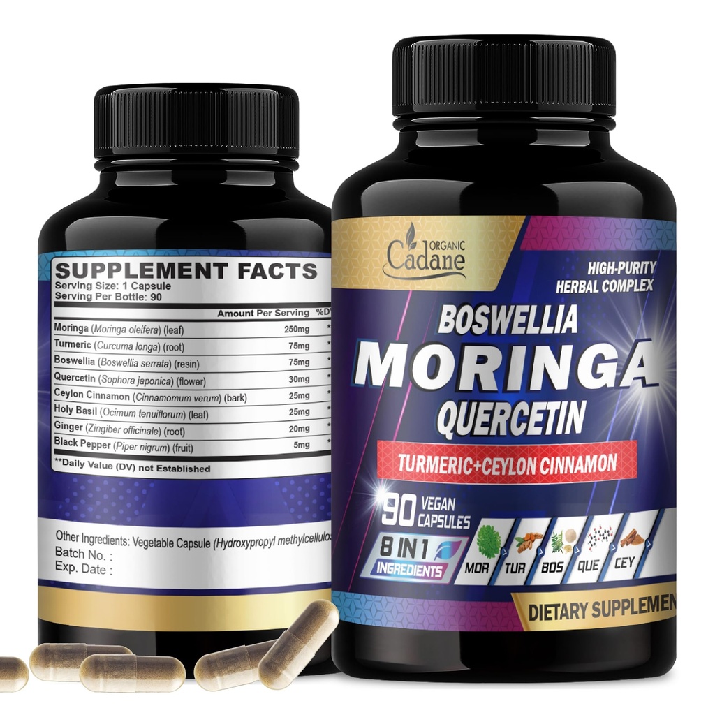 Orgaaniline Cadane Moringa Leaf koos kurkumi, boswellia, Quercetin, Ceylon Cinnamon, Püha basiilik, ingver ja must pipar - 8in1 täiendust - 90 Veggie kapslit 3-kuuliseks tarnimiseks