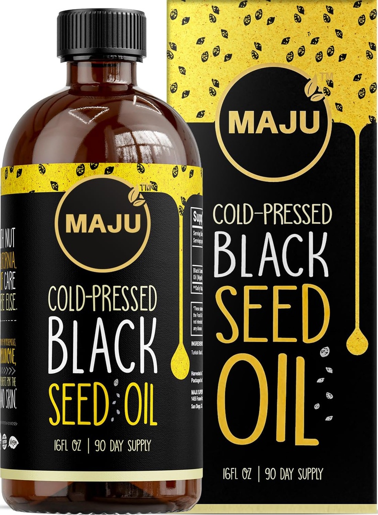 MAJU musta seemne õli 16oz: 3X tümokinoon, külmpressitud, 100% Türgi Black Cumin Nigella Sativa seemneõli (parem kui orgaaniline), mitte-GMO, 100% vedel puhas mustseemne, klaaspudel