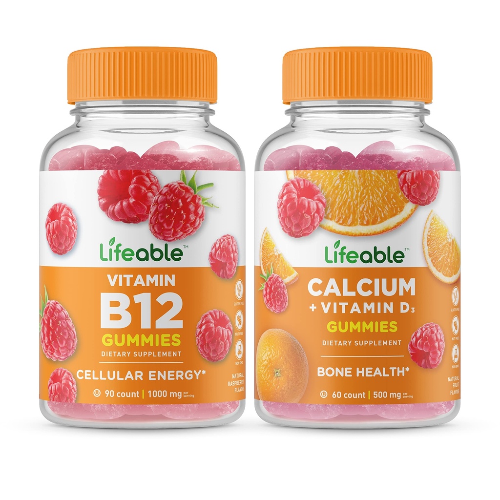 Elujõuline vitamiin B12 + kaltsium D-vitamiiniga, kummipakend - suurepärane maitse, vitamiinilisand, gluteenivaba, GMO-vaba, närimiskõlblik