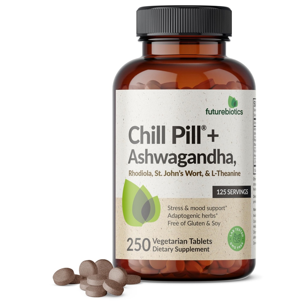 Futuuribiootikumid Chill Pill + Ashwagandha, Rhodiola, naistepuna ja L-Theanine - mitte-GMO, 250 taimset tabletti