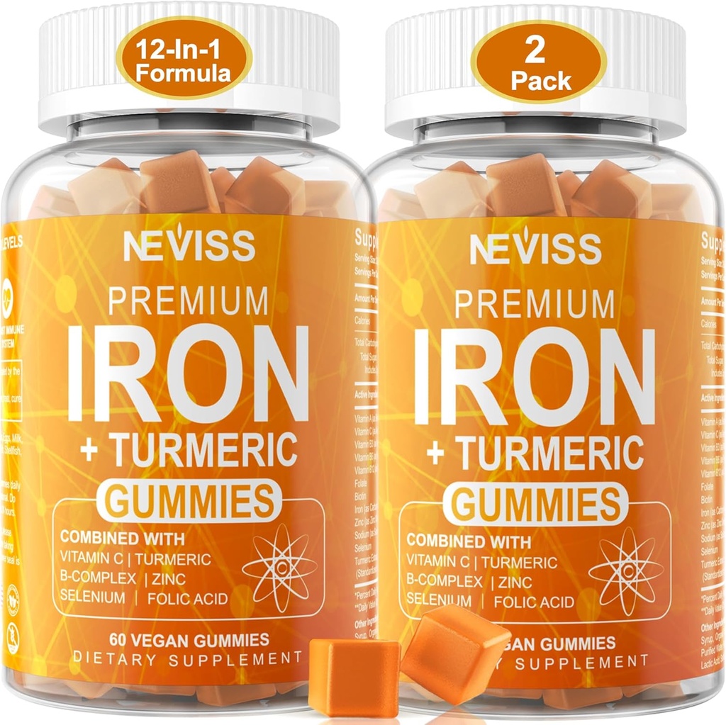 Raudkummid + kurkum 600mg naistele meestele, raualisand multivitamiinidega C, A, B-kompleks, folaat, tsink rauapuuduse, aneemia ja energia, õrn, mitte-kõhukinnisus, näritav, vegan, 2 Pack
