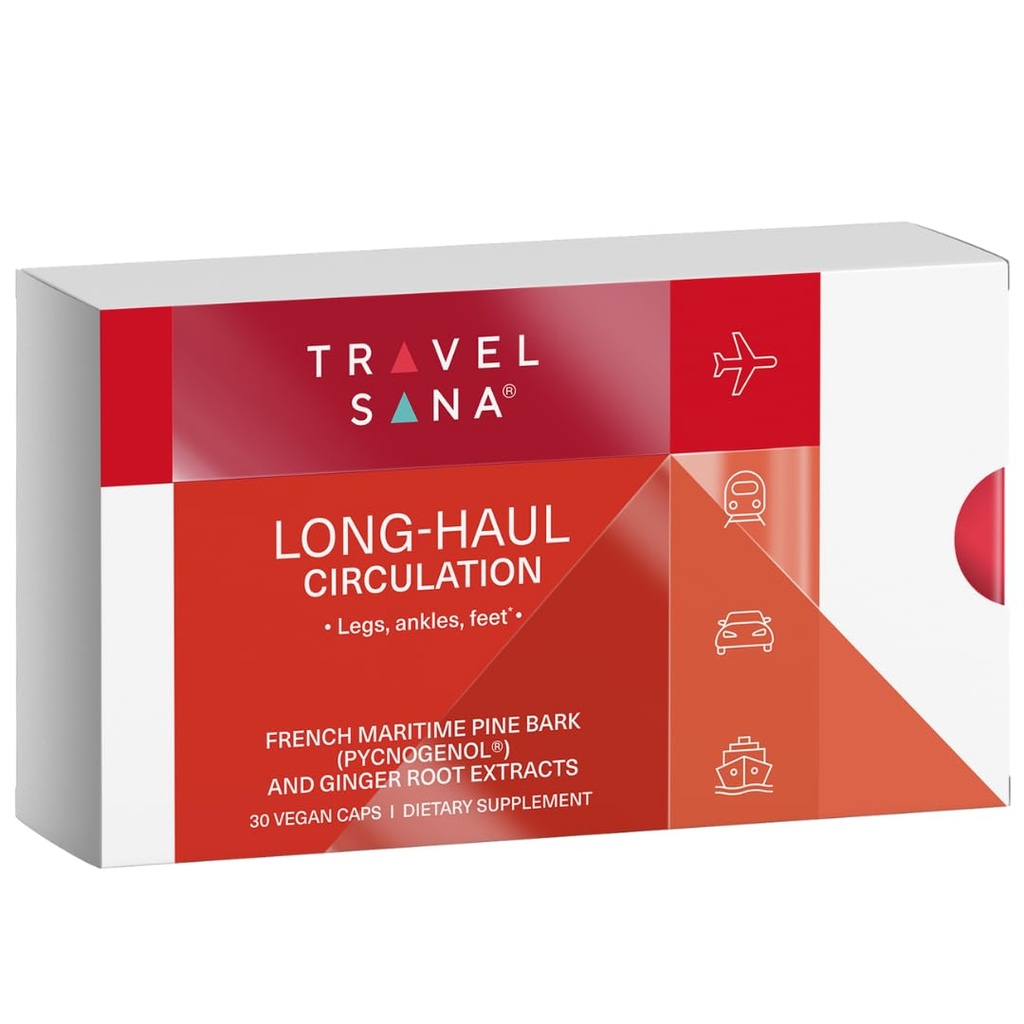 Long-Haul Circulation leevendab jalgade ebamugavust, vähendab jalgade turset, jalgu, pahkluusid pikast istumisest, reisimisvahendid, Pycnogenol 100mg, ingveri ekstrakt, 30 serveerimist (Veg Caps)
