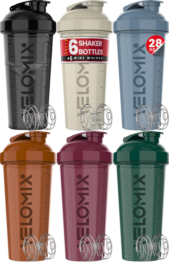 VELOMIX - 6 PACK- 28 oz Valguraputaja pudel valgusegudele - 6x Wire Whisk | Leak Proof Shaker Cups for Protein Shakes | Protein Shaker Bottle Pack | Protein Shake Cup (Earth Tones Collection)