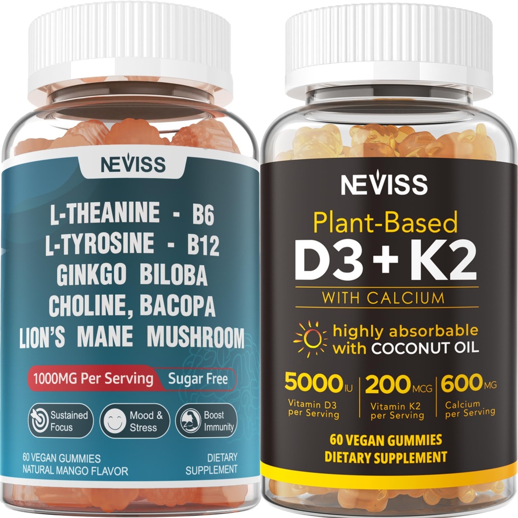 NEVISS Sugar Free L-Türosiin L-Theanine Gummies 120 loeb + Sugar Free D3 5000IU K2 Gummies 120 Loeb